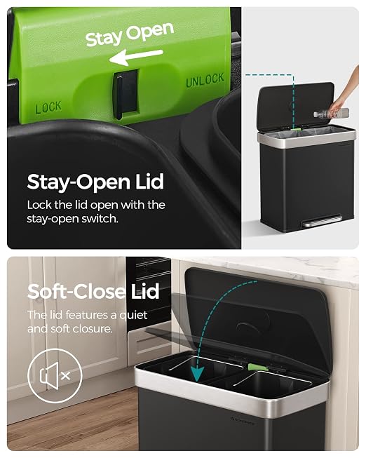 SONGMICS Kitchen Trash Can, 16 Gallon Dual Compartment Garbage Can, 60L Pedal - Image 3