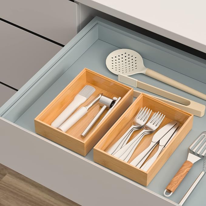 Silverware Tray for Drawer, Stackable Kitchen Bamboo Drawer Organizer 9" x 6" x - Image 3