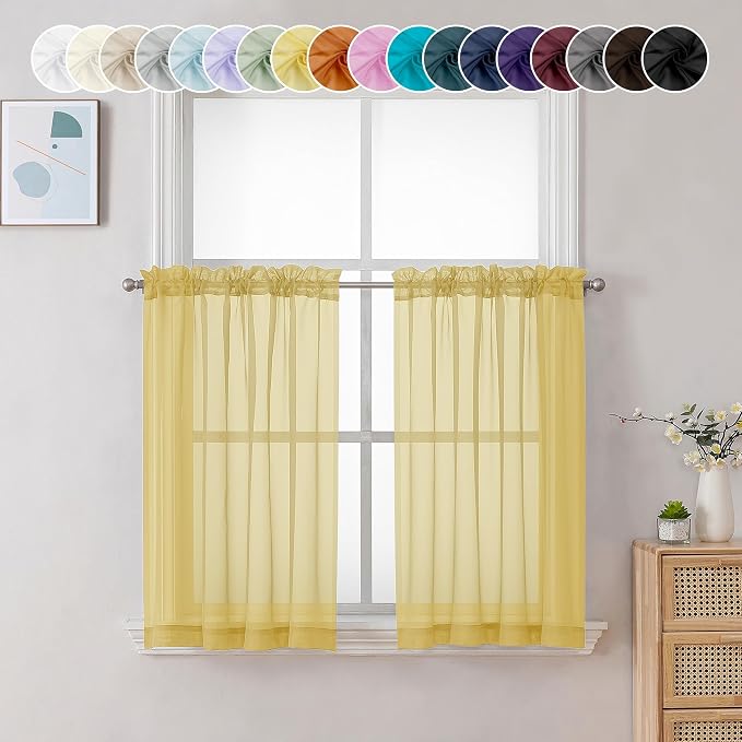 Chyhomenyc Sheer Yellow Tier Curtains 24 Inch Length, Small Window Curtains by Chyhomenyc