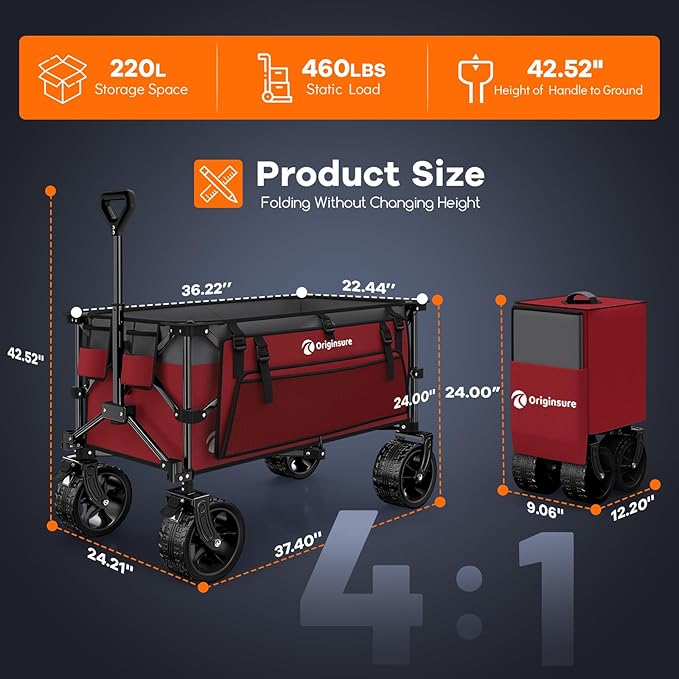 220L Collapsible Wagon Cart Foldable, 460lbs Load Capacity Heavy Duty Folding - Image 2