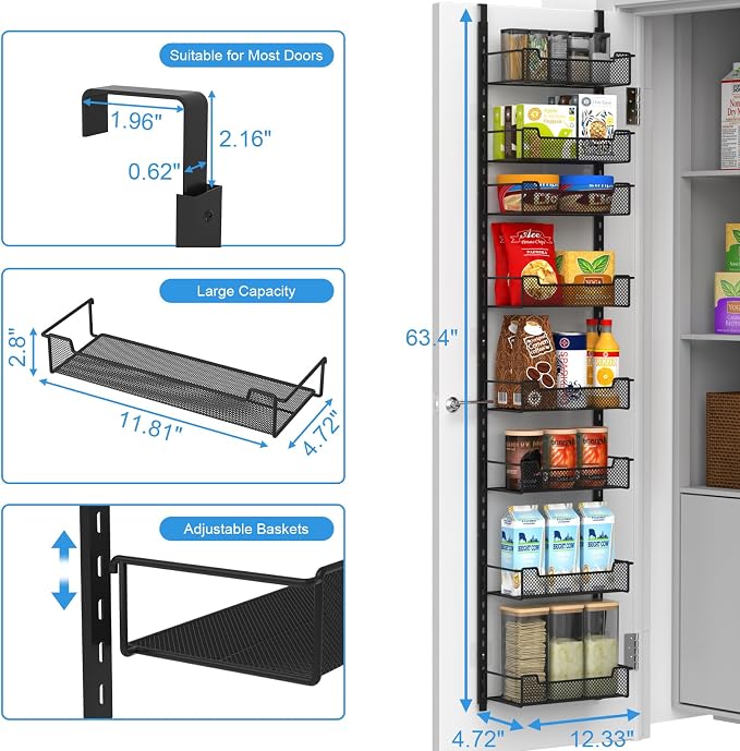 12.3" W Narrow Over the Door Pantry Organizer, 8-Tier Over the Door Organizer - Image 3