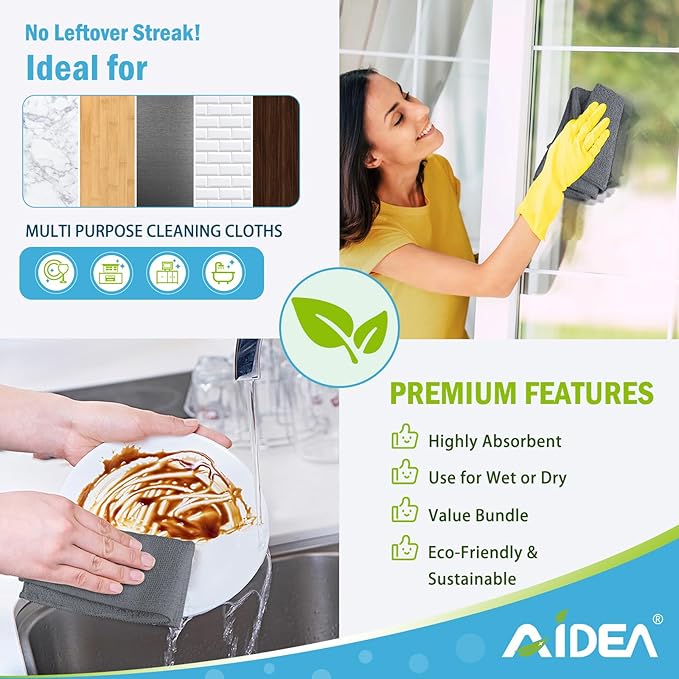 AIDEA Microfiber Cleaning Cloth Grey 8PK, Microfiber Towels - Image 6
