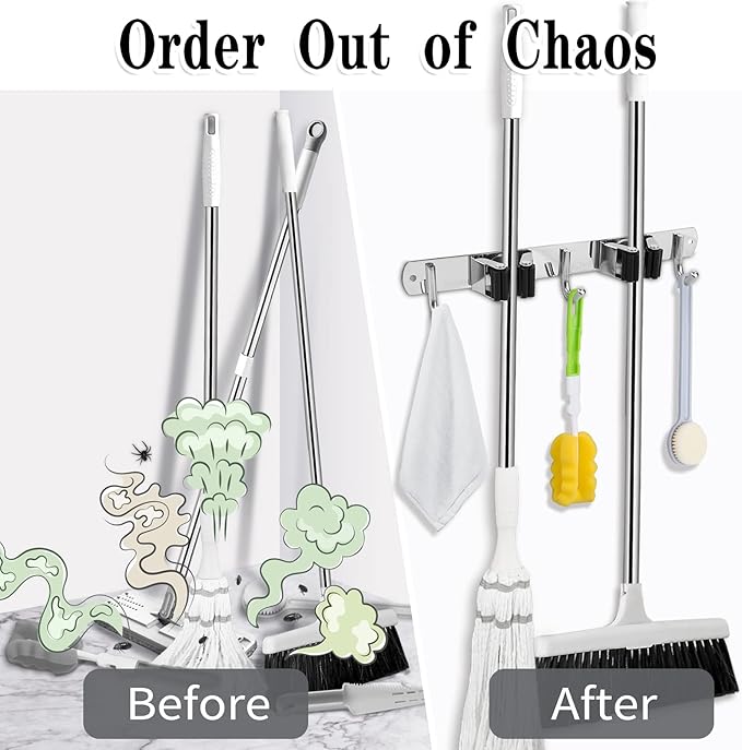2 Racks and 3 Hooks Broom and Mop Holder Wall Mounted Garage Organizer Storage - Image 5
