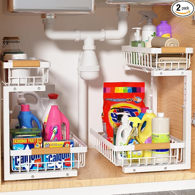 Under Sink Organizer 2 pack, 2 Tier Slide Out Under Sink Organizers And Storage by Liuoud