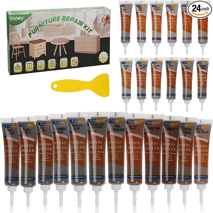 Wood Furniture Repair Kit, 24 Colors Wood Fillers, Scratch Repair Covers & by Uxney
