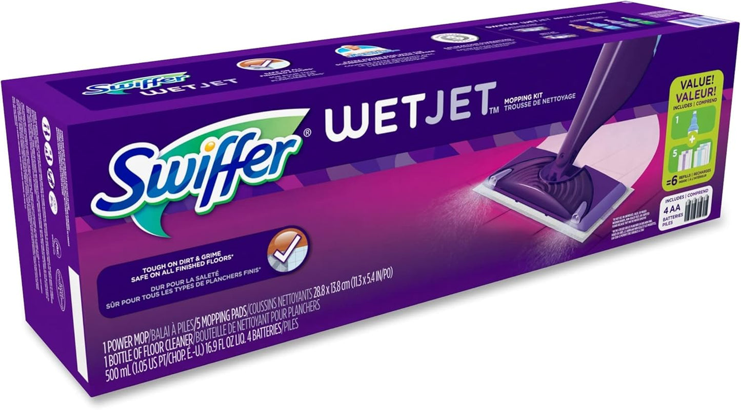 Swiffer Wet Jet Mop, Floor Cleaner for Mopping Wood, Laminate, Tile in Home, Bathroom, Kitchen, All Purpose Multi-Surface Cleaning Set includes 1 Spray Mop, 5 Pads Refill, 1 Fresh Scent Solution