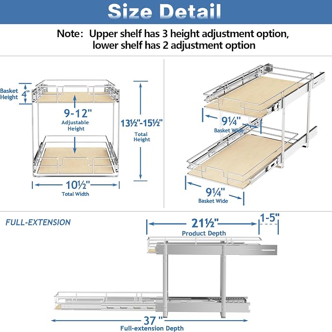 ROOMTEC 2 Tier Individual Pull Out Cabinet Organizer 10½"W x 21½"D, Slide Out - Image 3