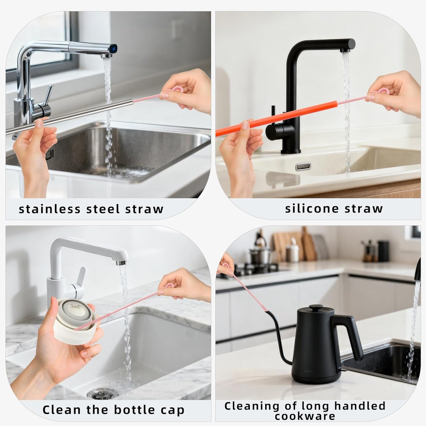 Silicone Straw Cleaner Brush, 4Pcs Reusable Straw Brush Set with Extra-Long Design for Cleaning Thin Metal Straws and Wider Milkshake Straws （6mm+9mm Pink)
