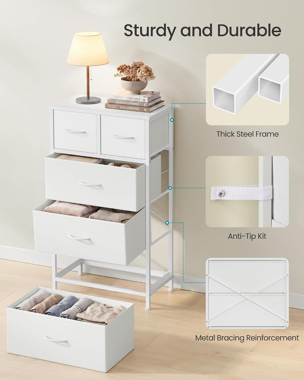 SONGMICS Tall Dresser for Bedroom, 5 Fabric Drawers with Steel Frame