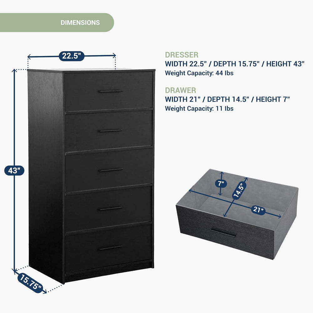 5-Drawer Dresser w/Fabric Drawers, Modern, Storage Chest,Black