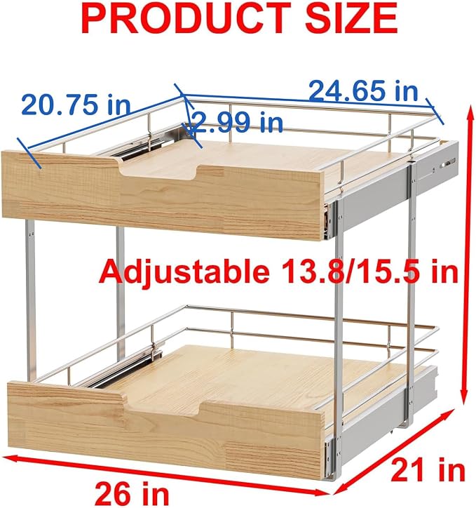 Pull Out Cabinet Organizer, Heavy-Duty Slide Out Shelf, Wood and Wire Basket - Image 2