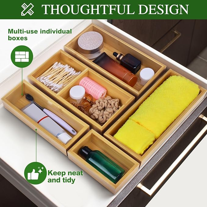 Bamboo Drawer Organizer Set, Junk Drawer Divider and Storage Trays Containers - Image 6