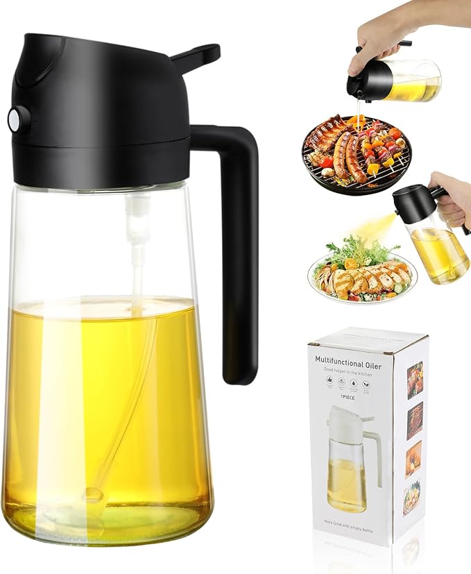 2-in-1 Glass Oil Dispenser & Sprayer - 16oz/470ml Leakproof Bottle by LAKUMIQI