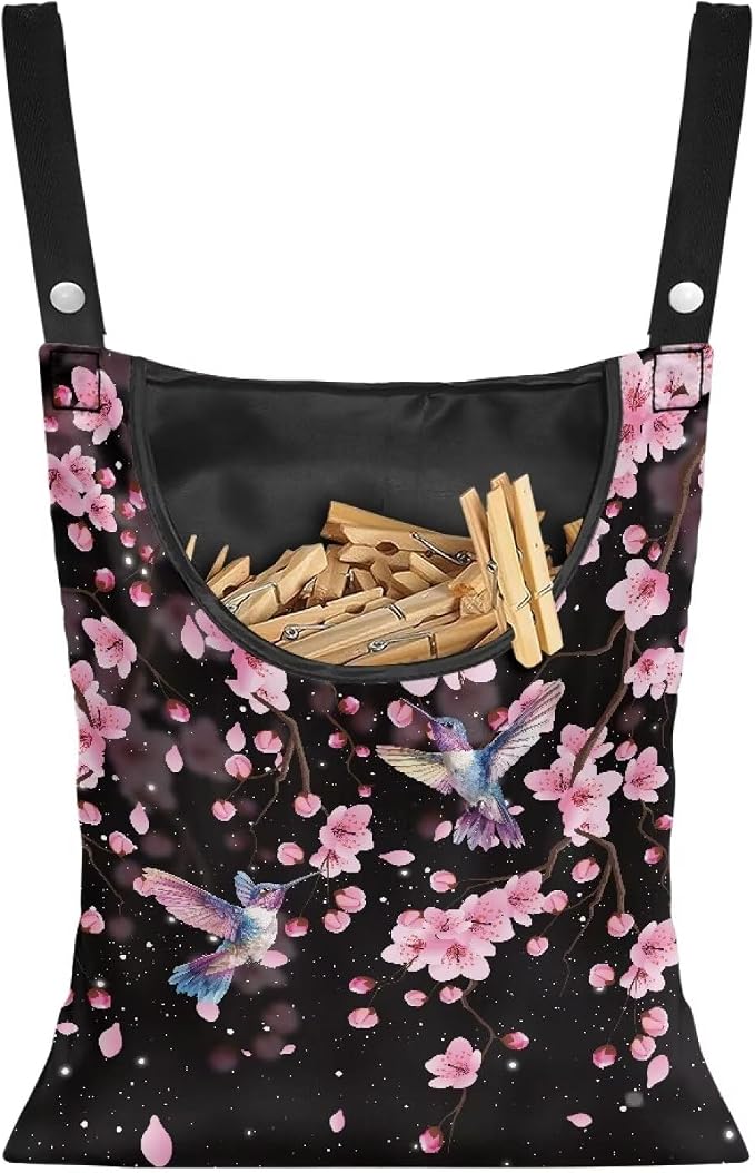 Waterproof Clothespin Bag with Hanger Hook Cherry Blossom Hummingbird by CREAMIC