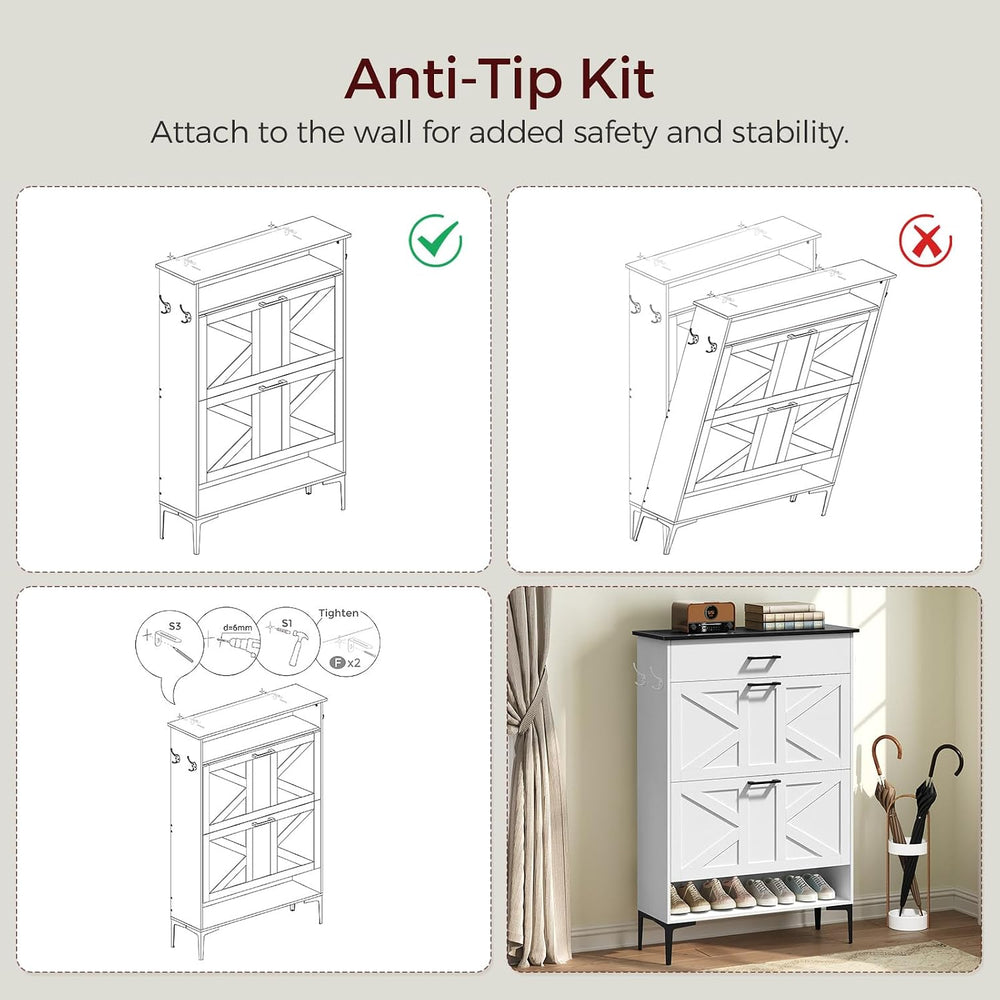 MAHANCRIS Shoe Cabinet with 2 Flip Drawers, Farmhouse Shoe Storage Cabinet fo...