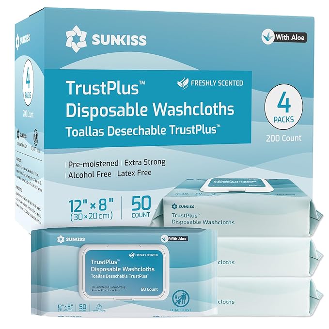 SUNKISS Trustplus Wet Wipes for Adult No Rinse, Extra Large 8”x12” Body by SUNKISS