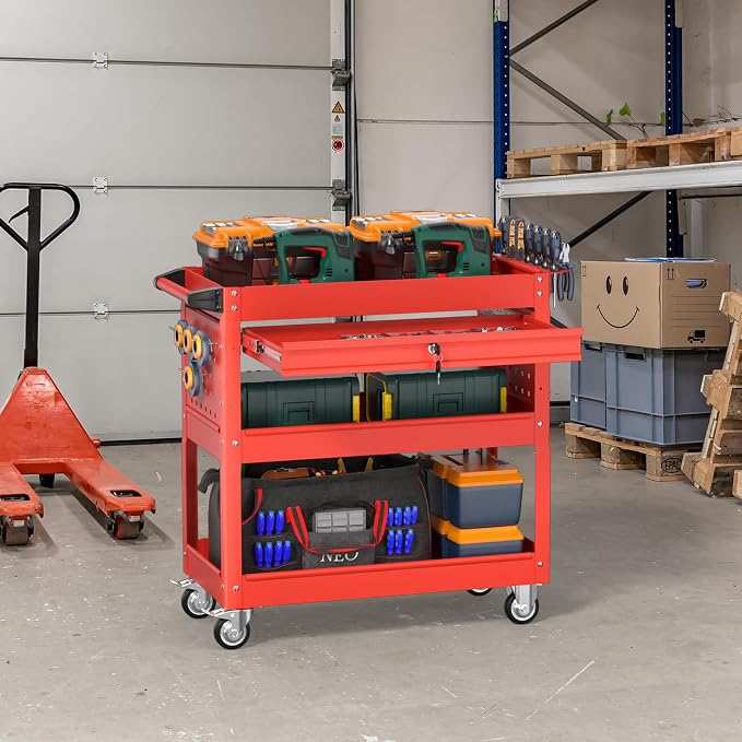 3 Tier Rolling Tool Cart on Wheels, Heavy Duty Service Cart Industrial Utility - Image 7