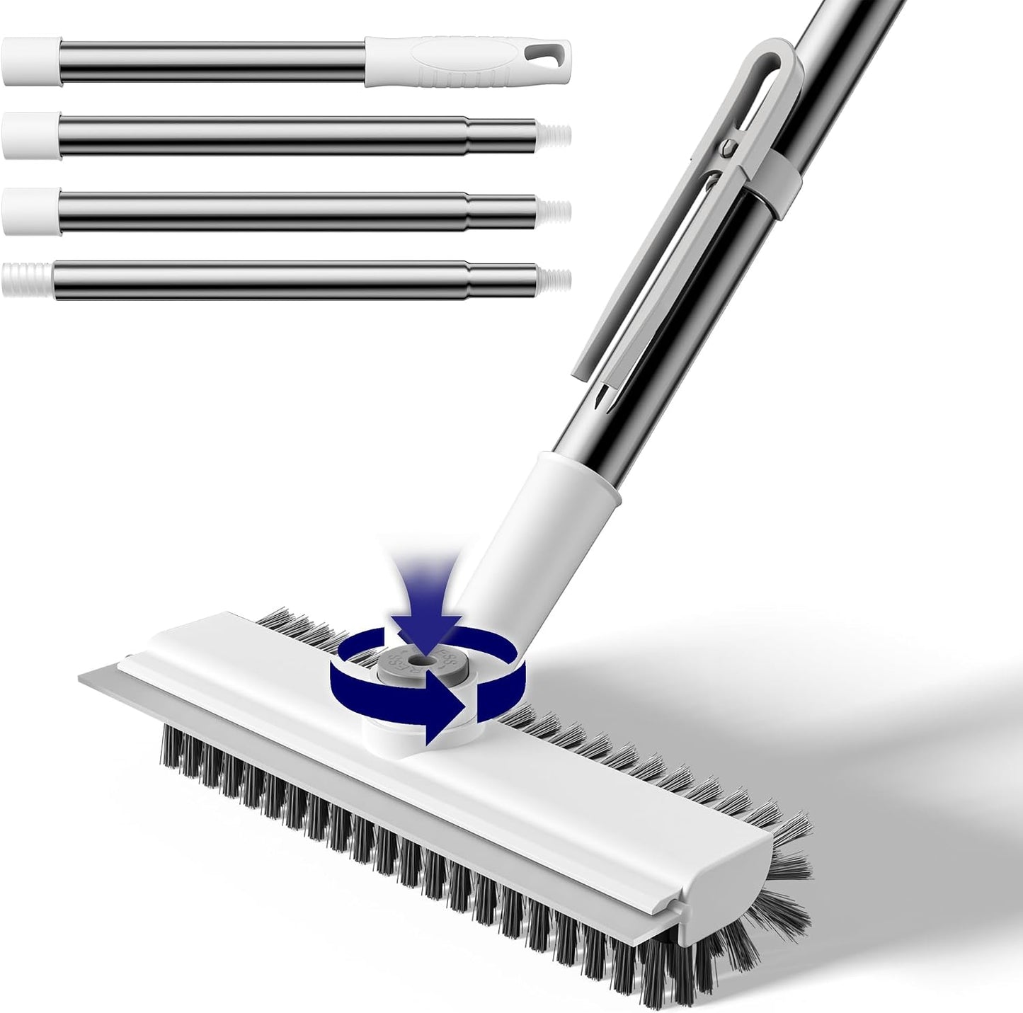 3 in 1 Adjustable Small Floor Scrub Brush with Long Handle | 360 rotating head Right-angle Heavy-Duty Stiff Bristle with Squeegee and Tweezer for Cleaning Bathroom Tile Patio and Kitchen