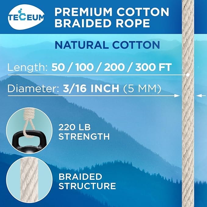 TECEUM 500lb Cotton Rope 3/16” – 100 FT – Strong All-Purpose Braided Rope – - Image 2