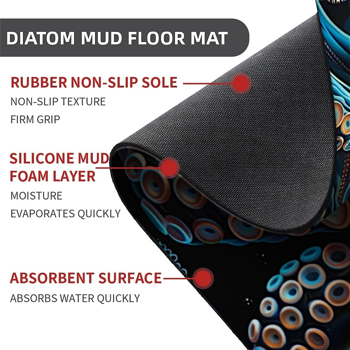 Bath Mat Rug,Blue Octopus Non Slip Quick Dry Super Absorbent Thin Bathroom Rugs Fit Under Door-Easy to Clean Bathroom Floor Mats-Shower Rug for Shower Sink Bathtub(16" x 24"in)