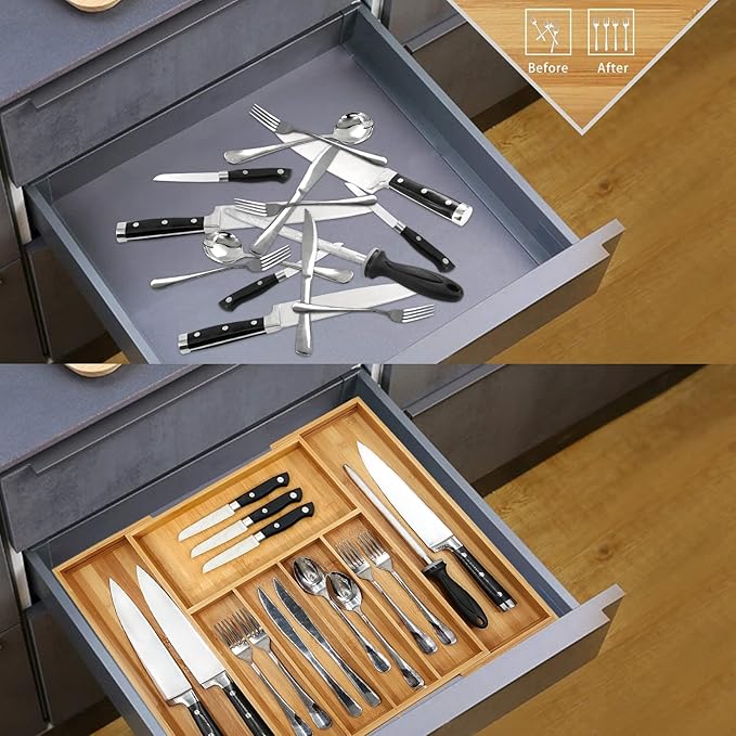VaeFae Premium Bamboo Drawer Organizer, Expandable Silverware Drawer Organizer - Image 5