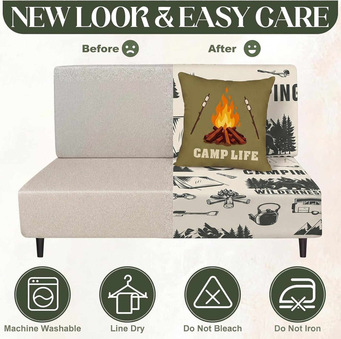 Tiamon RV Dinette Cushion Covers Set - 6 Pcs Camping Theme Cushion Slipcovers for Camper Car Bench Seat Replacement, 2 Pillowcase, 2 Backrest, 2 Bench Cover(Fabric,Green Camp)
