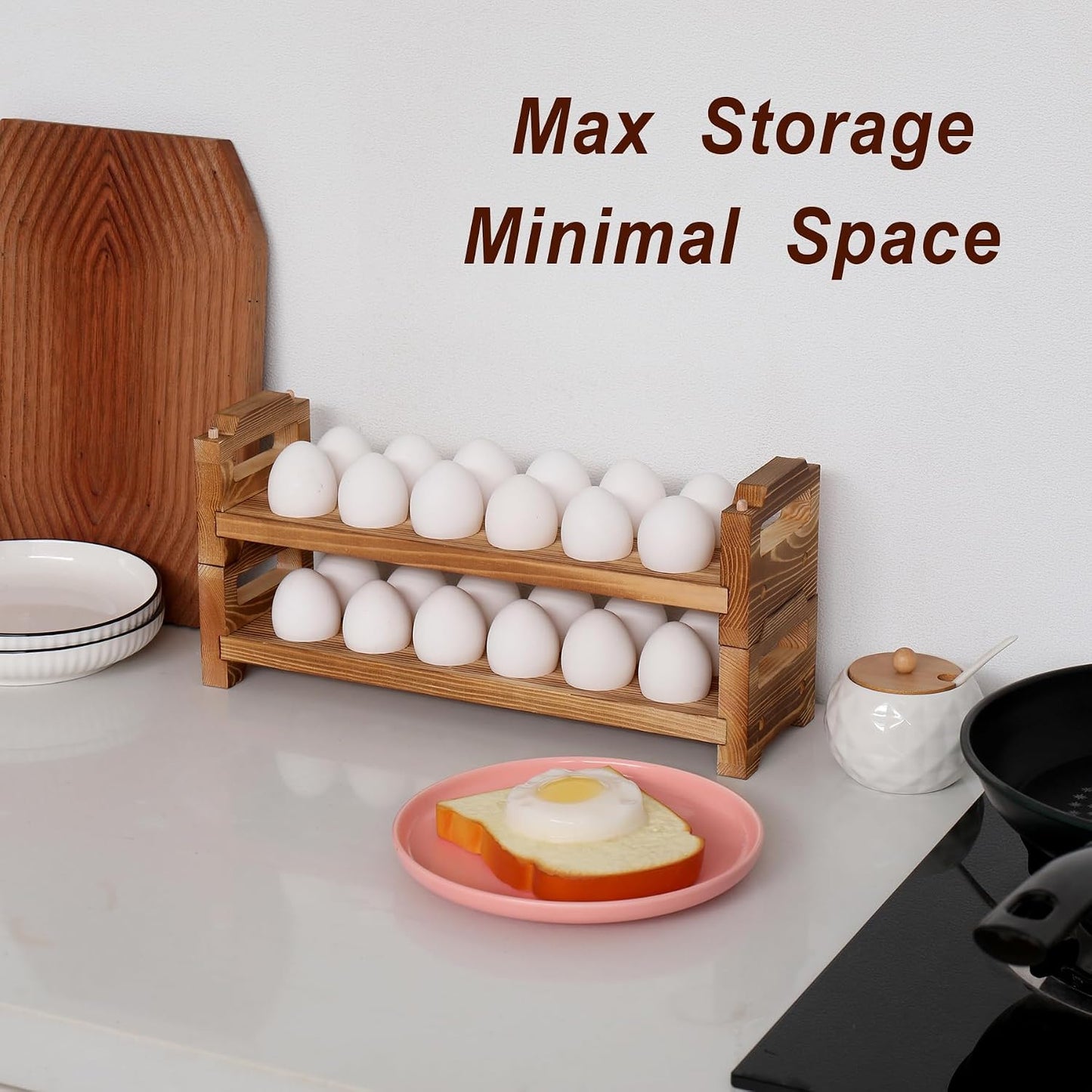 Wooden Egg Holder Countertop, Stackable Egg Organizer, 2-Tier 24 Eggs | Solid natural wood egg holder, farmhouse style. 2-tier stackable saves space. Countertop & fridge use. No chemical coating.