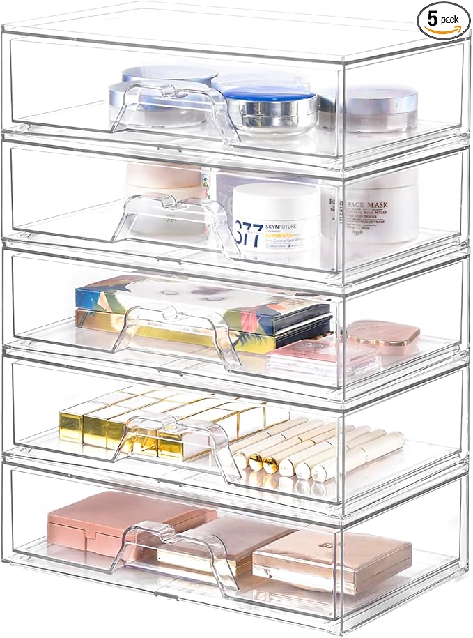 5 Pack Makeup Organizer Stackable, 12.1''L Bathroom Organizer and Storage by Stebopum