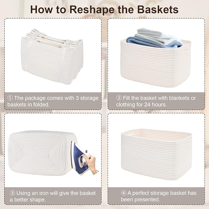 3-Pack Shelf Baskets for Organizing, Woven Storage Basket for Shelves, Cotton - Image 9