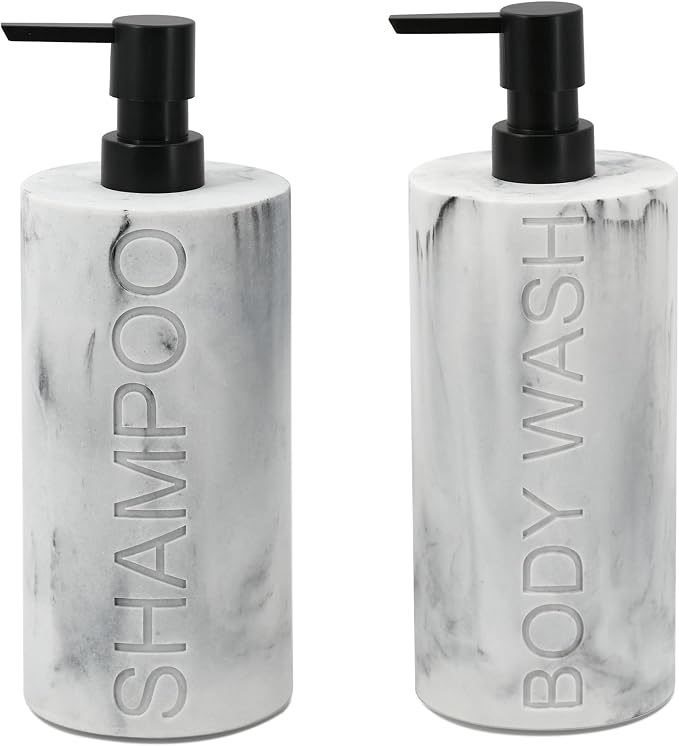 Marble Resin 2 Piece Shampoo and Body Wash Dispenser Set, Luxurious Refillable by IndecorHome