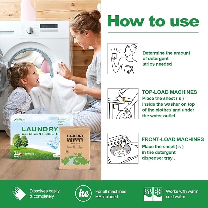 Laundry Detergent Sheet, Eco-Friendly & Hypoallergenic Wash Strips, Natural - Image 8