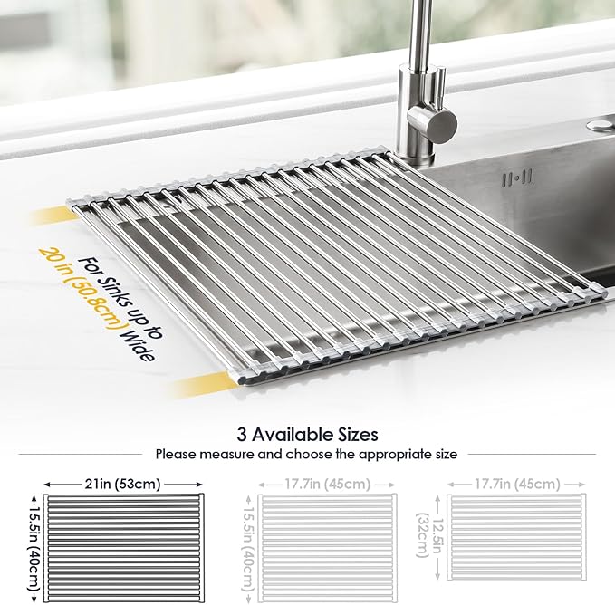 Tomorotec Stainless Steel Roll-Up Dish Drying Rack Marble Color Silicone Edges - Image 4
