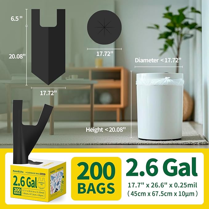 Small Trash Bags with Handles 2.6 Gallon 200 Count Black - Image 6