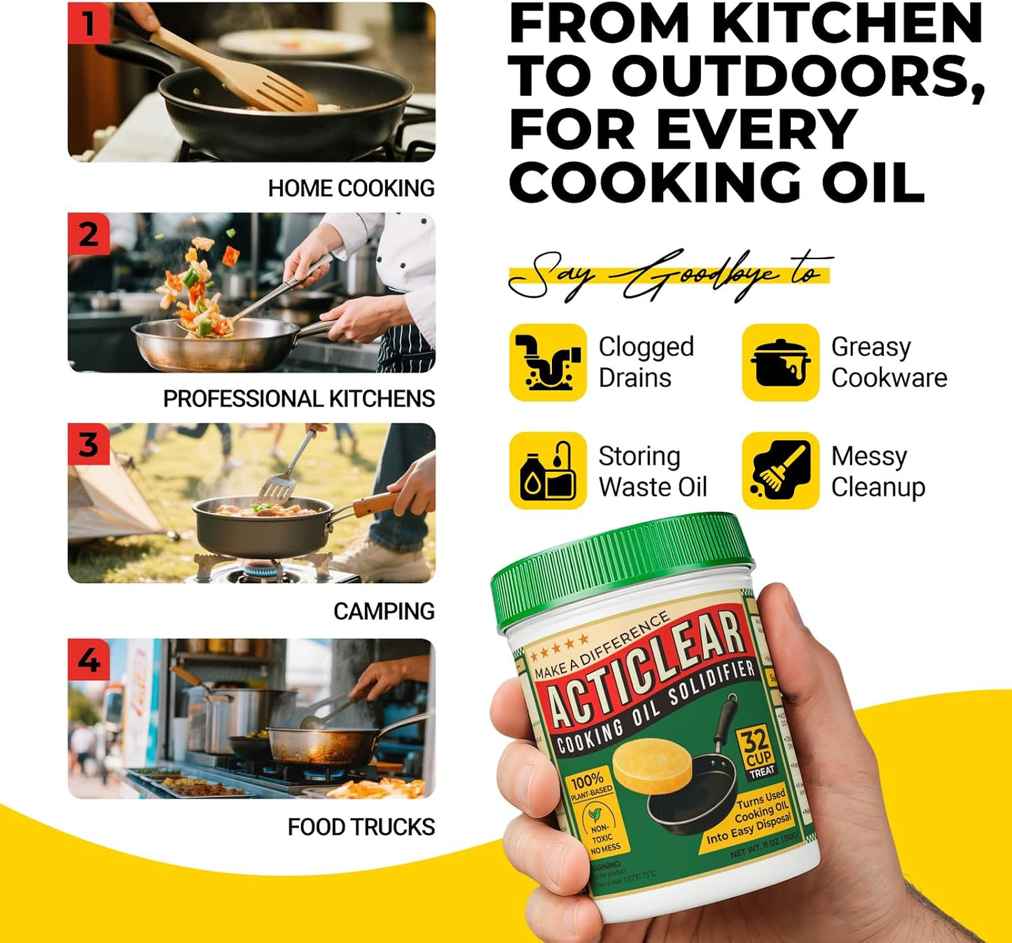 Cooking Oil Solidifier - 11oz (32 Cups) Algae-Based Grease Hardener for Easy Disposal, Turns Used Cooking Oils to Solid Waste, Kitchen Fry Oil Solution (2.2 Gallons)