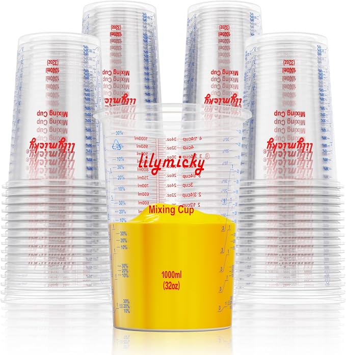 50 PACK Plastic Measuring Cups, 32 oz Disposable Mixing Cups, Measurement by Lilymicky