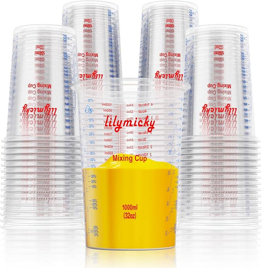 50 PACK Plastic Measuring Cups, 32 oz Disposable Mixing Cups, Measurement by Lilymicky