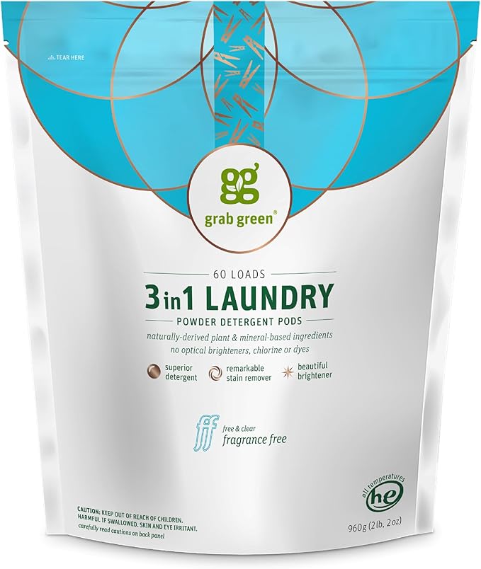 Grab Green 3-in-1 Laundry Detergent Pods, Fragrance Free, Plant and Mineral by GrabGreen