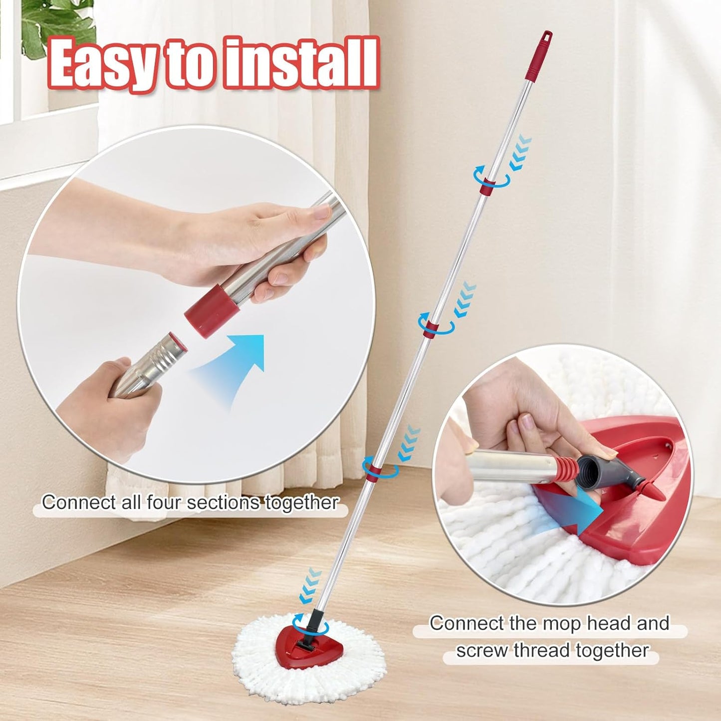 4-Section Spin Mop Handle Replacement, 30 to 58 inch Stainless Steel Handle Easy Install, Resistant to Deformation, American Threaded Joint, Compatible with O-Ceda Spin Mop Easy Wring Spin Mop Head