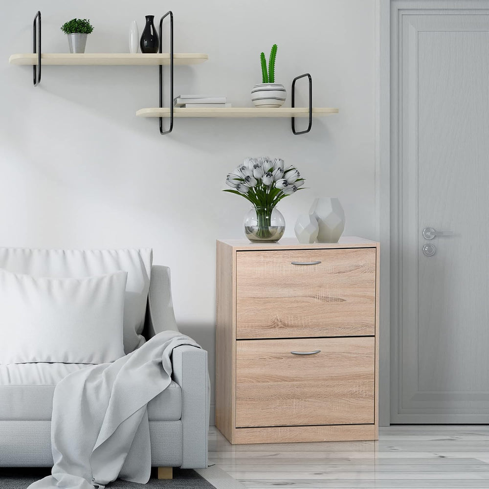 Shoe Cabinet, 2 Flip Drawers Wooden Freestanding Shoe Rack, Wooden Shoe Stora...