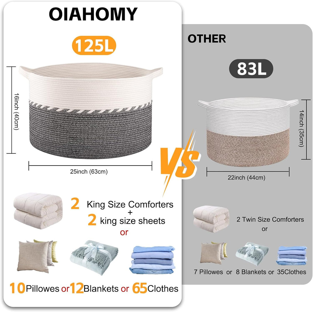 OIAHOMY 125L Extra Large Blanket Basket, Jumbo Cotton Laundry Basket Black