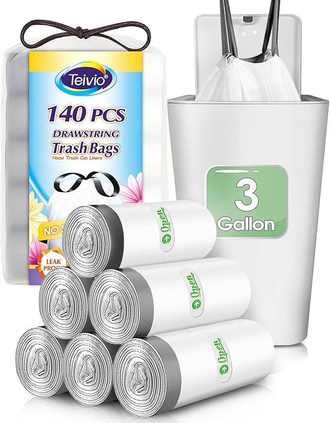 Teivio 3 Gallon 140 Counts Mini Strong Drawstring Trash Bags Garbage Bags by Teivio