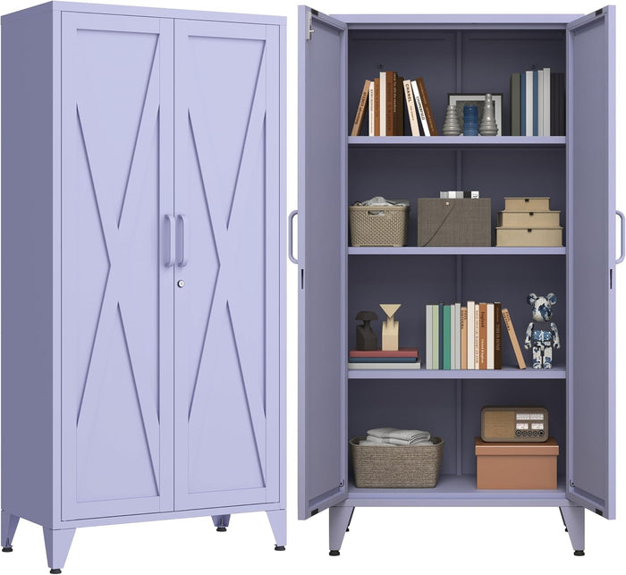 61" H Tall Lockable Steel Storage Cabinet with 2 Doors and 3 Adjustable Shelves,4-Tier Freestanding Metal Locker for Home,Office,Living Room,Gym,Purple 27.6" W x 13.8" D