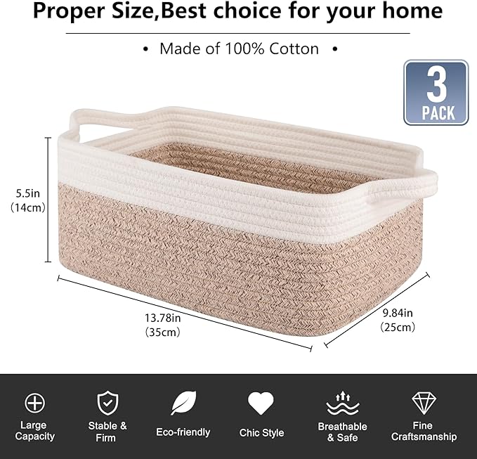 OIAHOMY 3 Pack Storage Baskets for Organizing, Woven Cotton Rope Basket for - Image 3