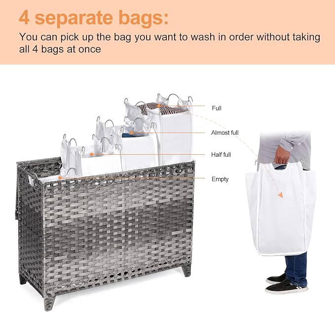 Laundry Hamper with 4 Removable Liner Bags; 176L Handwoven Rattan Laundry - Image 3