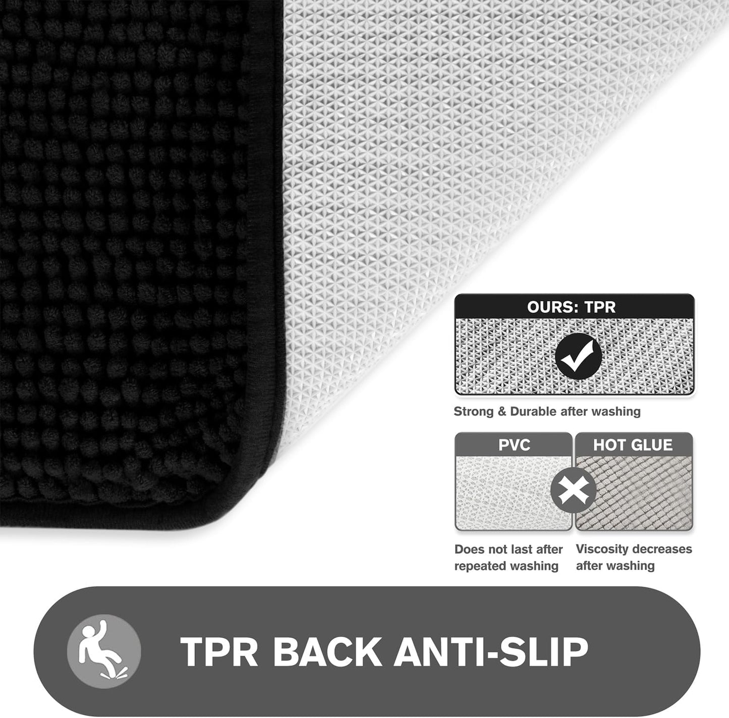 Small Bathroom Rug 12"x18" – Washable and Absorbent Bath Mat, Non Slip, Thick Soft Chenille Bath Rugs for Bathroom, Shower, Sink, Dog mat(Black)