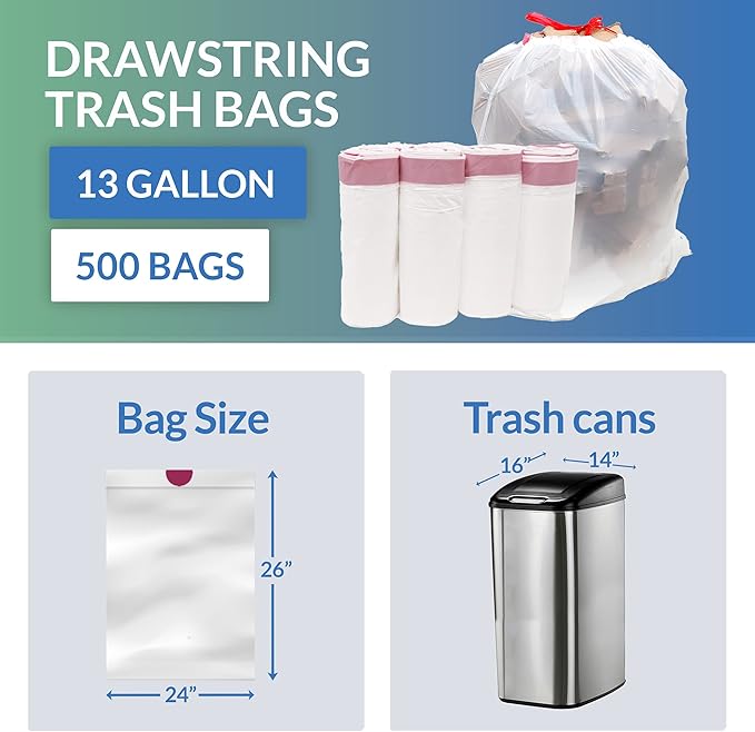 Reli. Tall Kitchen Drawstring Trash Bags 13 Gallon | 500 Count Bulk | Kitchen - Image 5