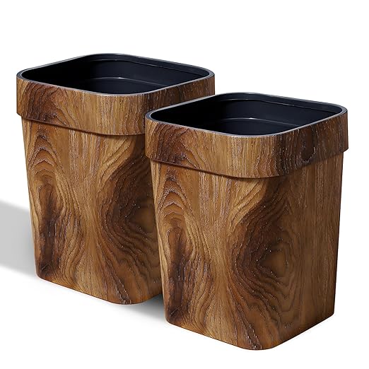 Wood Grain Plastic Trash Can Bedroom, Square 2-Pack, 3.7 Gal Farmhouse by CiaoStilista