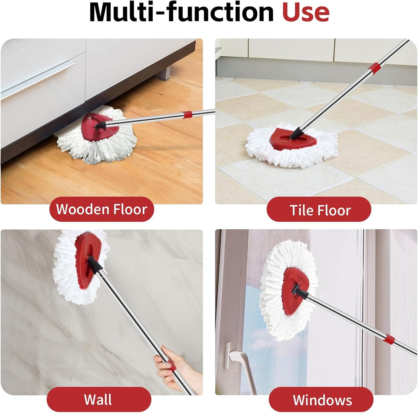 ANREKEYH Spin Mop Head, Base, Handle Replacement for O-Ceda EasyWring Microfiber Spin Mops, 2 Microfiber Mop Refills, 1 Triangle Head Cover and 30-58in Handle Set Combo (White(1 Tank System))