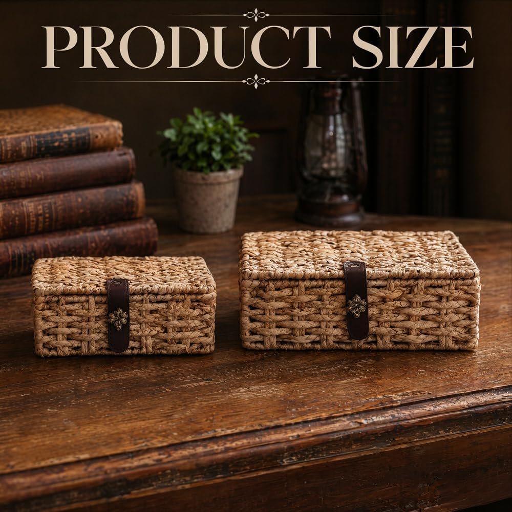 2 Pcs Decorative Box with Lid, Wicker Storage Basket, Water Hyacinth Woven De...