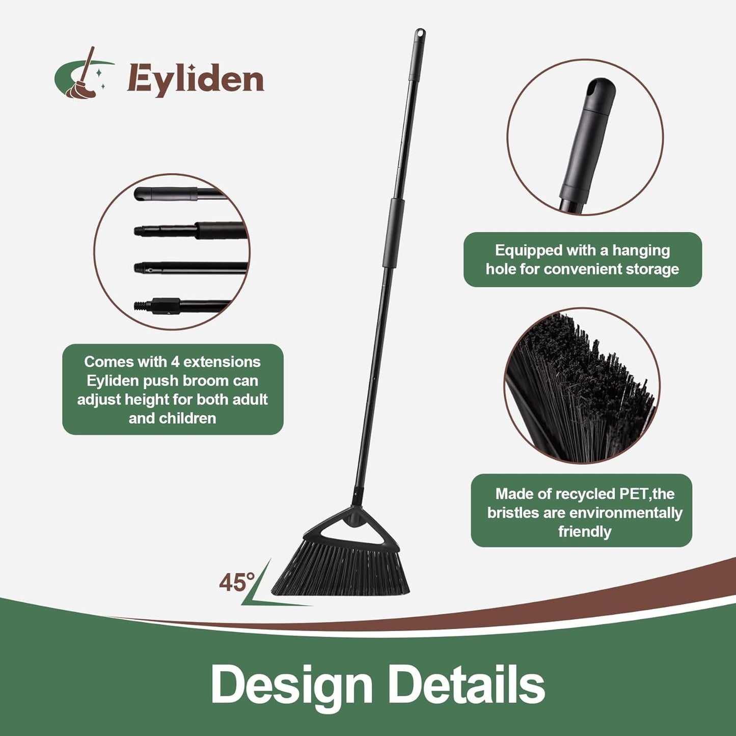 Eyliden Broom, Angle Broom with 57" Long Handle, PET Bristles - Fit Heavy-Duty Cleaning, Also Works Well Fine Dust - Commercial Outdoor Indoor Sweeper for Courtyard Sidewalk Deck Kitchen Lobby, Black